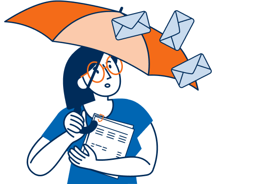 Illustration_Restkreditversicherung1 Eine Frau hält einen Regenschirm und einen Kreditvertrag. Auf den Regenschirm regnen Briefe, die symbolisch für Schulden stehen, die entstehen können, wenn zum Beispiel wegen unerwarteter Arbeitslosigkeit die Kreditraten nicht mehr gezahlt werden können. Der Regenschirm steht für den Schutz einer Restkreditversicherung, die in solchen Fällen die Schulden absichert.