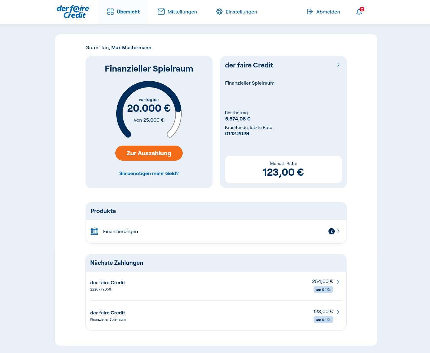 Screenshot zeigt, wie das Kundenportal von der faire Credit direkt nach dem Login aussieht.