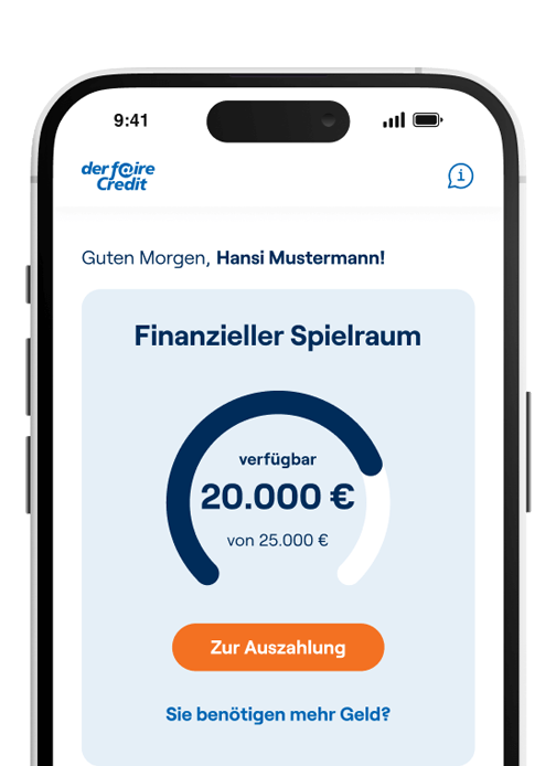 Zu sehen ist die Nachbildung eines Smartphones mit der Startseite der fairen Credit App, die man nach dem Einloggen sieht.