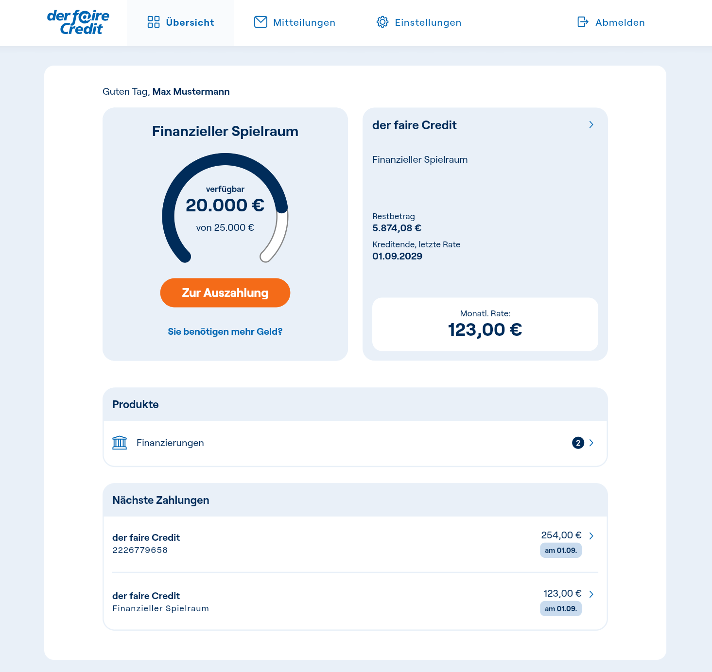 Screenshot vom Kundenportal von der faire Credit zeigt, wie die Oberfläche des Kundenportals auf der Startseite direkt nach dem Login aussieht.