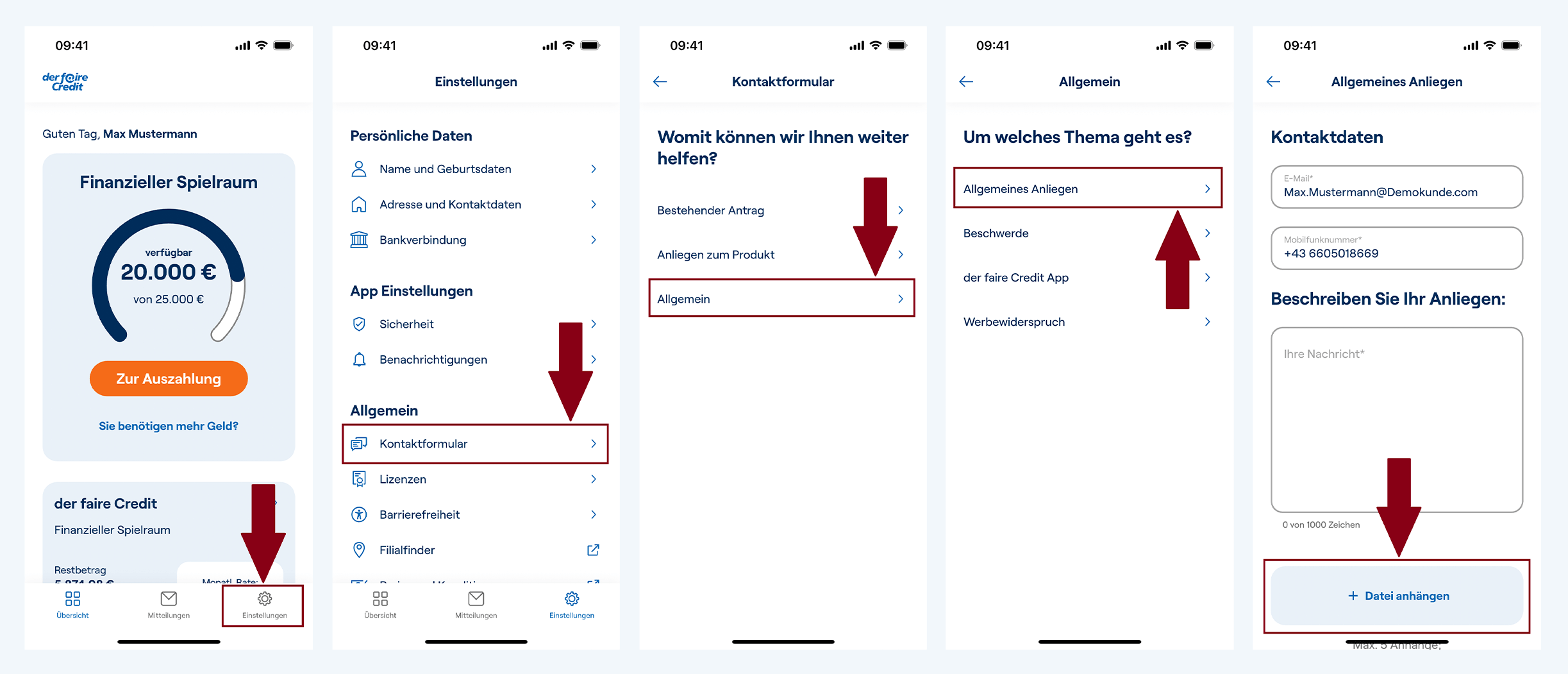 Screenshots der fairen Credit App zeigen, wie und wo Kunden eine ausgefüllte und unterschriebene Bankvollmacht direkt per App oder Kundenportal zurück an den fairen Credit senden können.