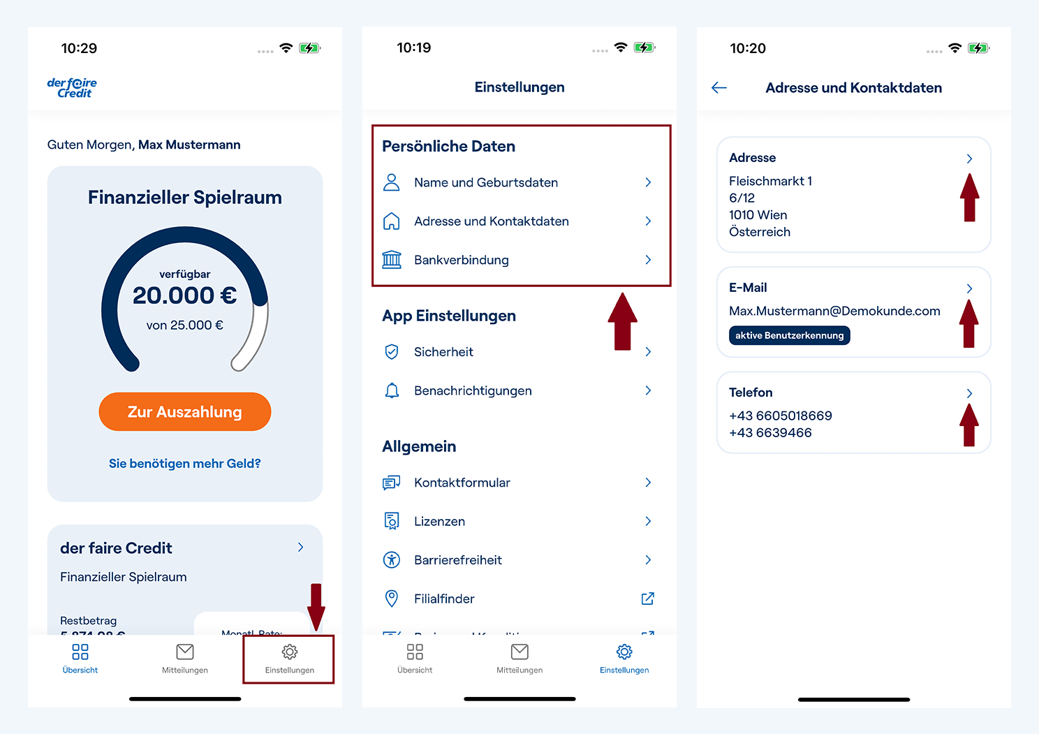 Screenshots der fairen Credit App, die zeigen, wie und wo Kunden ihre persönliche Daten wie Name, Adresse, E-Mail-Adresse, Telefonnummer und Bankverbindung selbst ändern können.