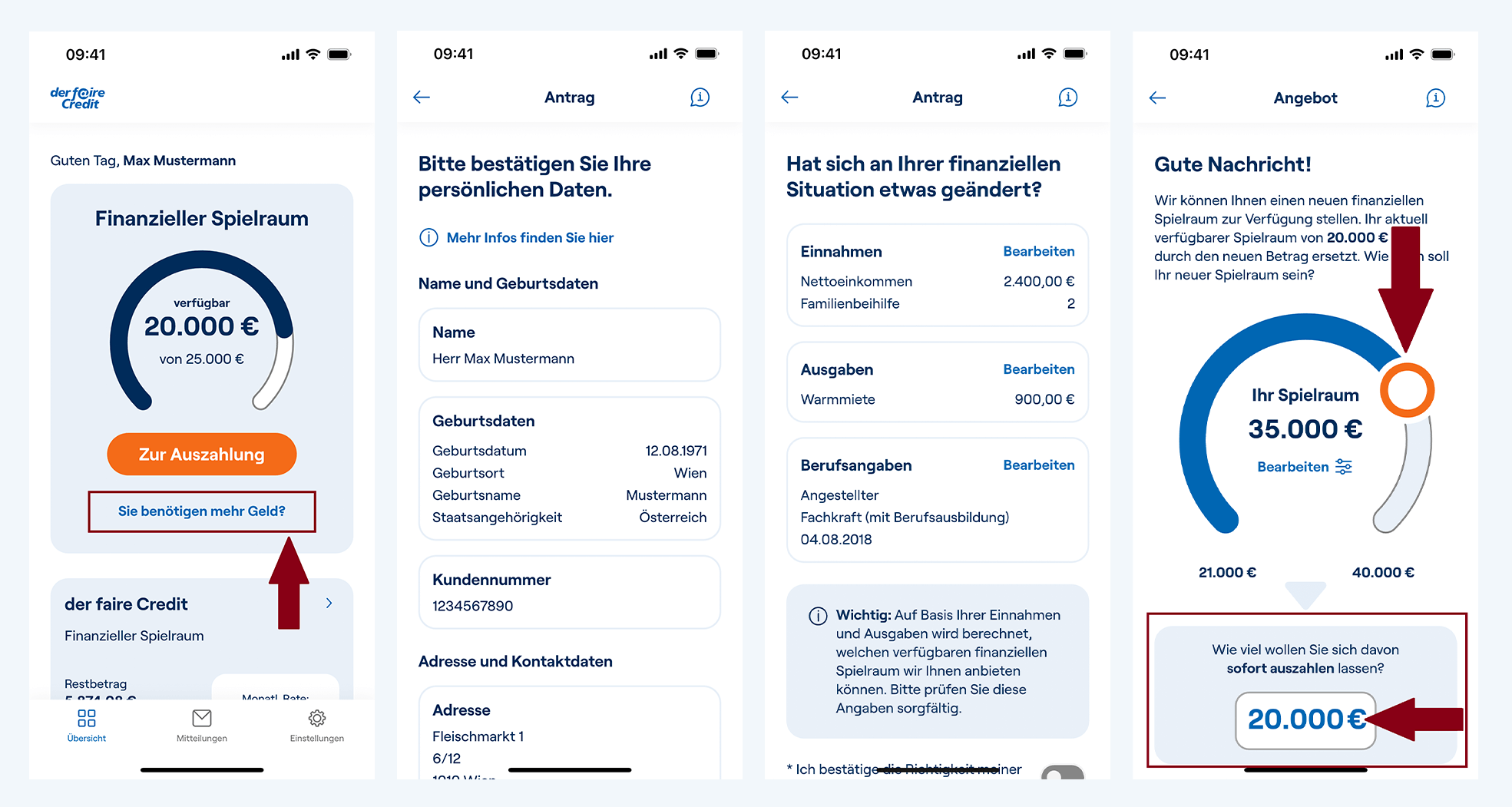 Screenshots der fairen Credit App zeigen, wie und wo Kunden einen bestehenden Kredit von der faire Credit in der App aufstocken können.