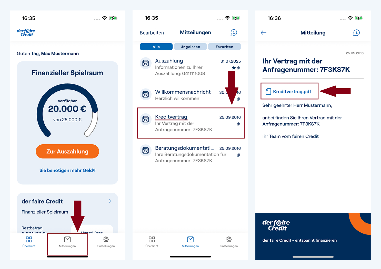 Screenshots der fairen Credit App zeigen, wie und wo Kunden ihren Kreditvertrag in der App finden.