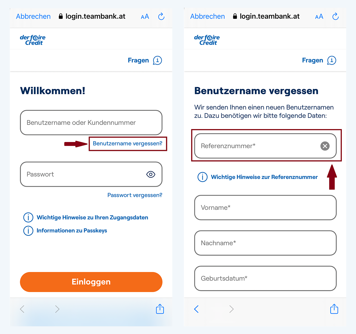 Screenshots der fairen Credit App und des Kundenportals zeigen, dass Kunden ihre Kundennummer anfordern können, indem sie im Login-Bereich auf Benutzername vergessen klicken und sich dann über ihre Referenznummer und persönliche Daten identifizieren.
