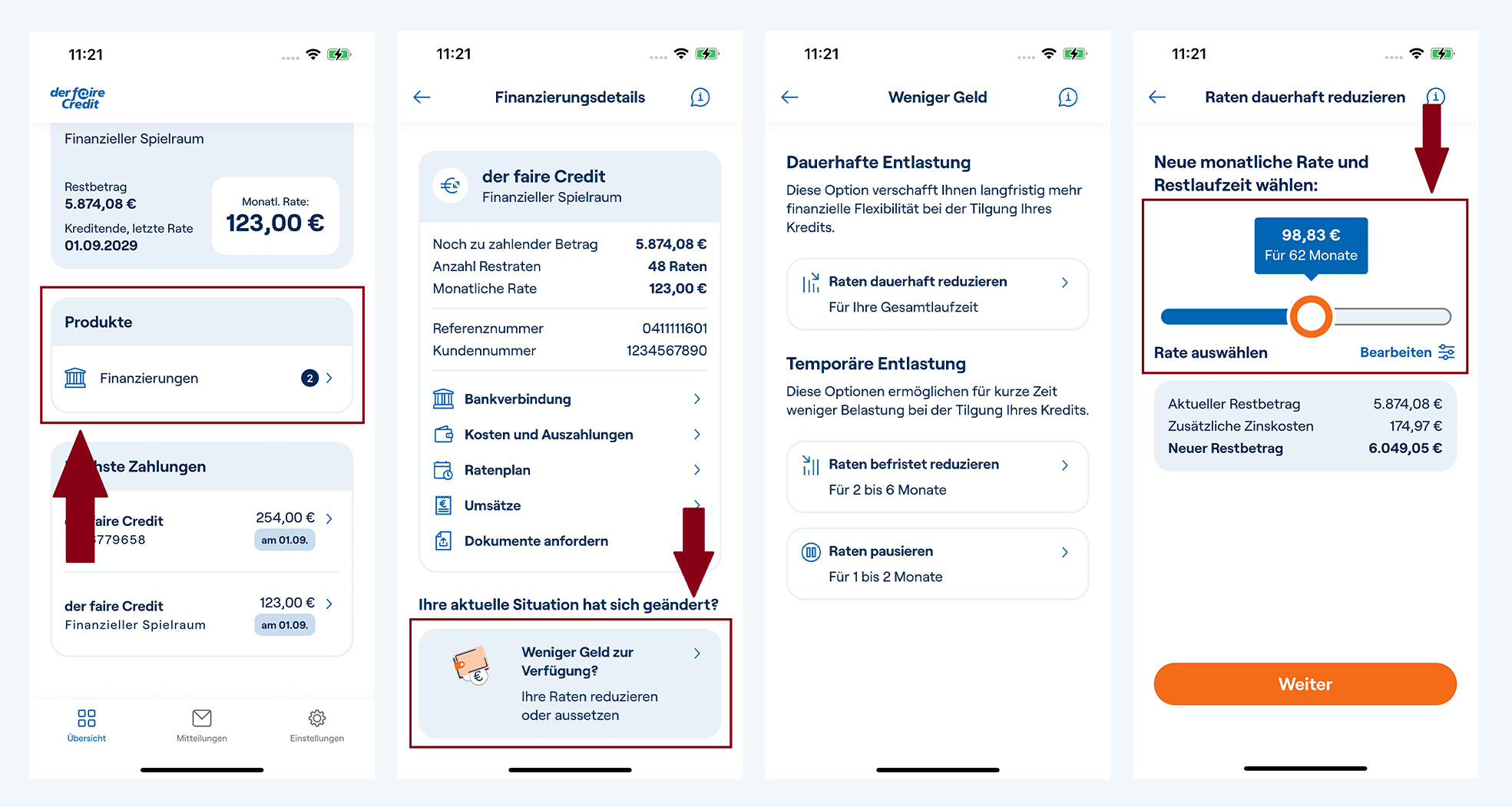 Screenshots der fairen Credit App zeigen, wie und wo der Kunde eine Ratenpause oder Ratenreduzierung veranlassen kann.