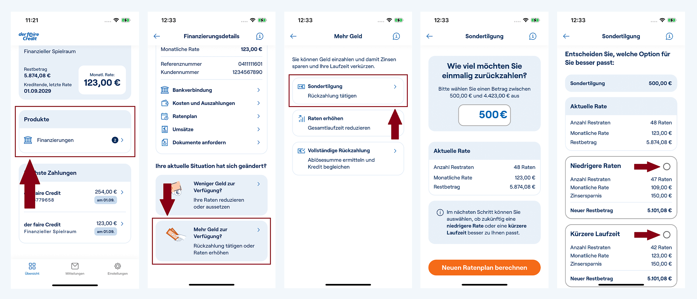 Screenshots der fairen Credit App zeigen eine Anleitung, wie und wo Kunden eine Sondertilgung leisten können.