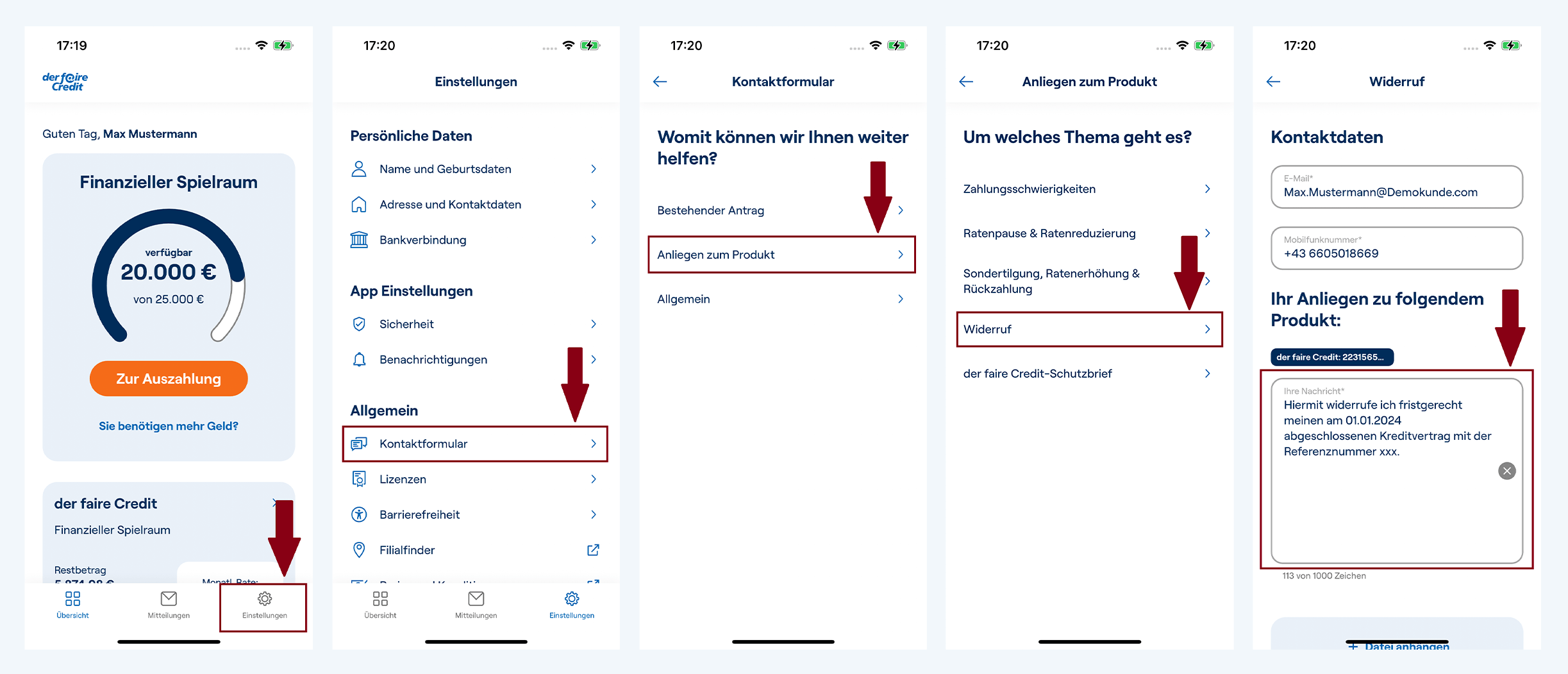 Screenshots der fairen Credit App zeigen, wie und wo Kunden ihren fairen Credit in der App oder im Kundenportal widerrufen können.