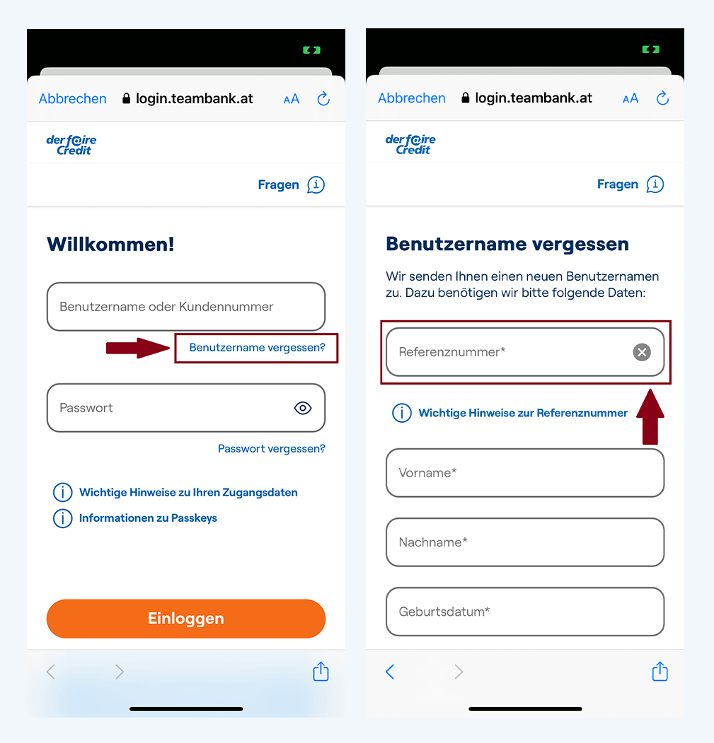 Screenshots der fairen Credit App zeigen, wie Kunden über den Login Bereich der App ihre Kundennummer anfordern können.