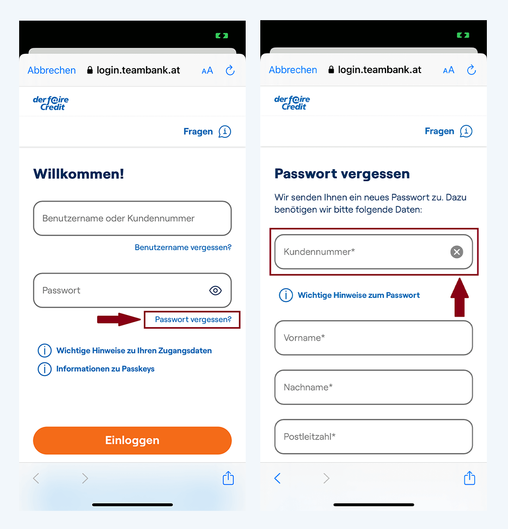 Screenshots der fairen Credit App zeigen, wie Kunden über den Login Bereich der App ihr Passwort anfordern können.