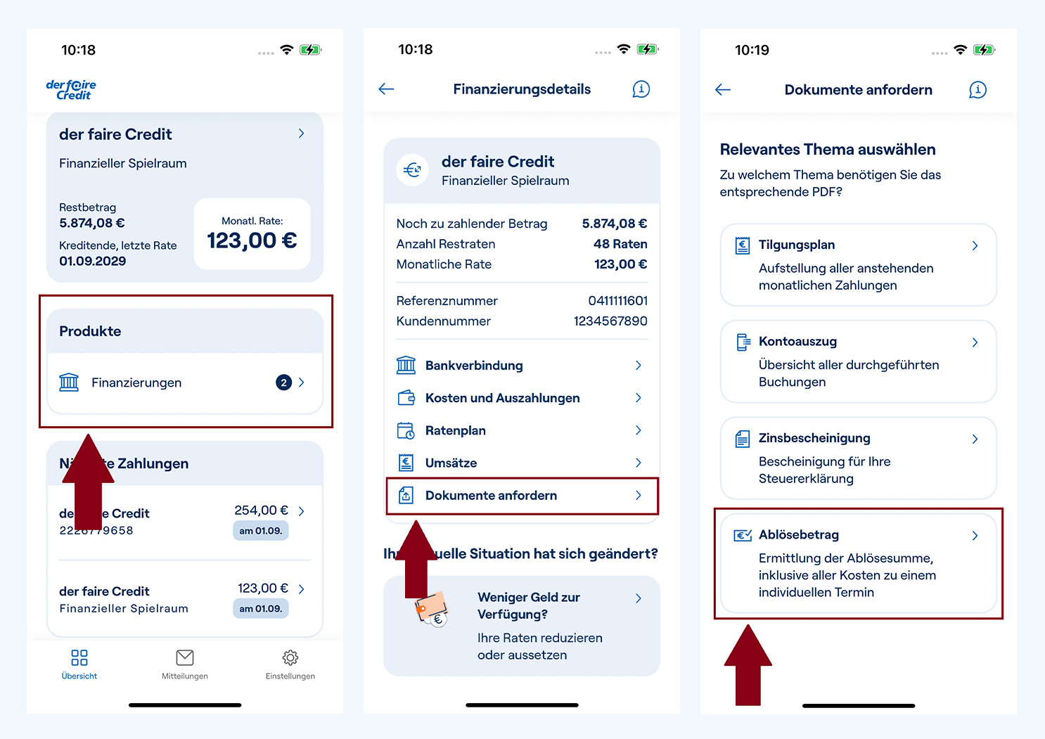Screenshots der fairen Credit App zeigen, wie und wo Kunden ihren fairen Credit ablösen können und wie sie den Ablösebetrag erfahren.